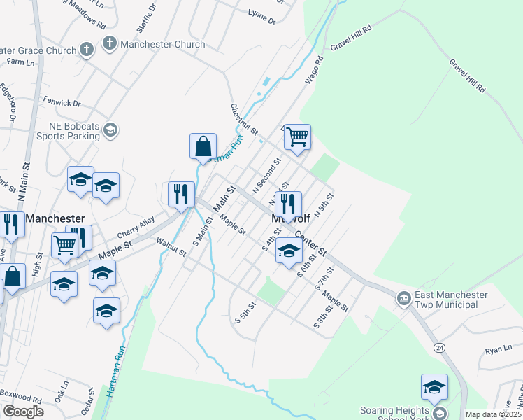 map of restaurants, bars, coffee shops, grocery stores, and more near 6 South Third Street in Mount Wolf
