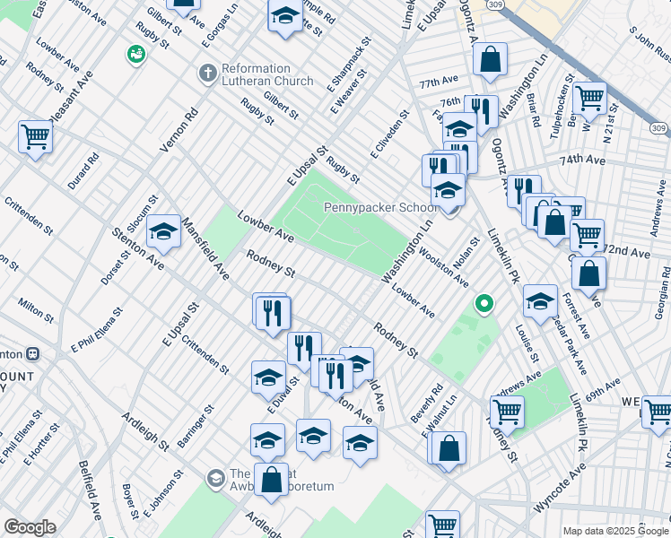 map of restaurants, bars, coffee shops, grocery stores, and more near 1621 East Johnson Street in Philadelphia