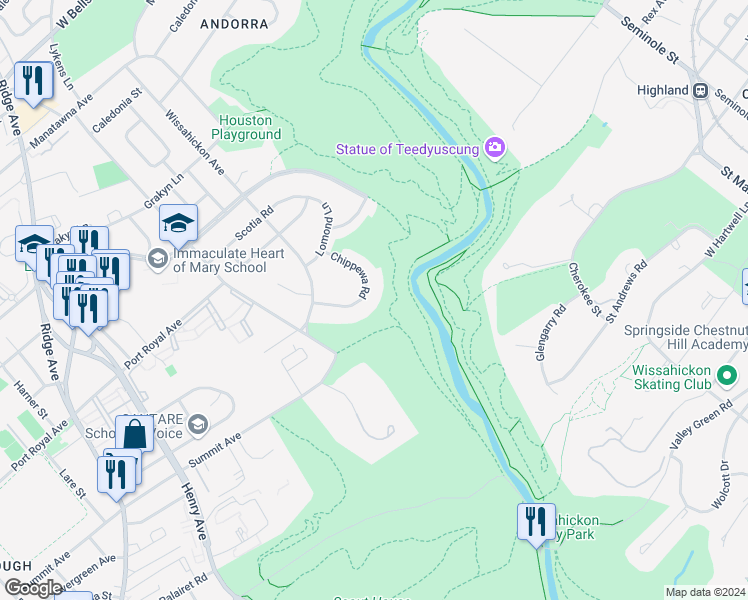 map of restaurants, bars, coffee shops, grocery stores, and more near 8422 Chippewa Rd in Philadelphia