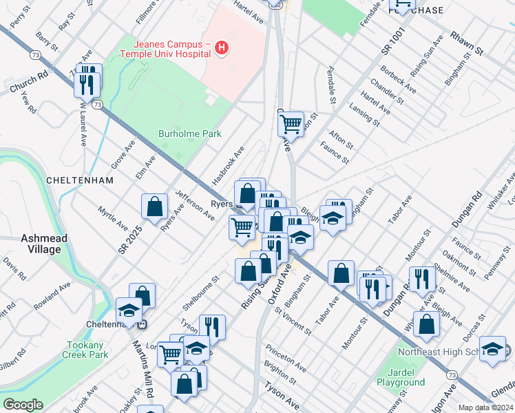 map of restaurants, bars, coffee shops, grocery stores, and more near 7325 Rockwell Avenue in Philadelphia