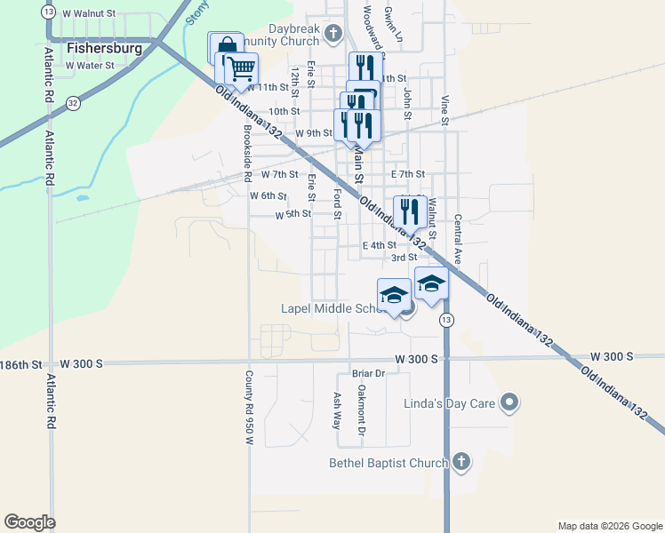 map of restaurants, bars, coffee shops, grocery stores, and more near 309 Ford Street in Lapel