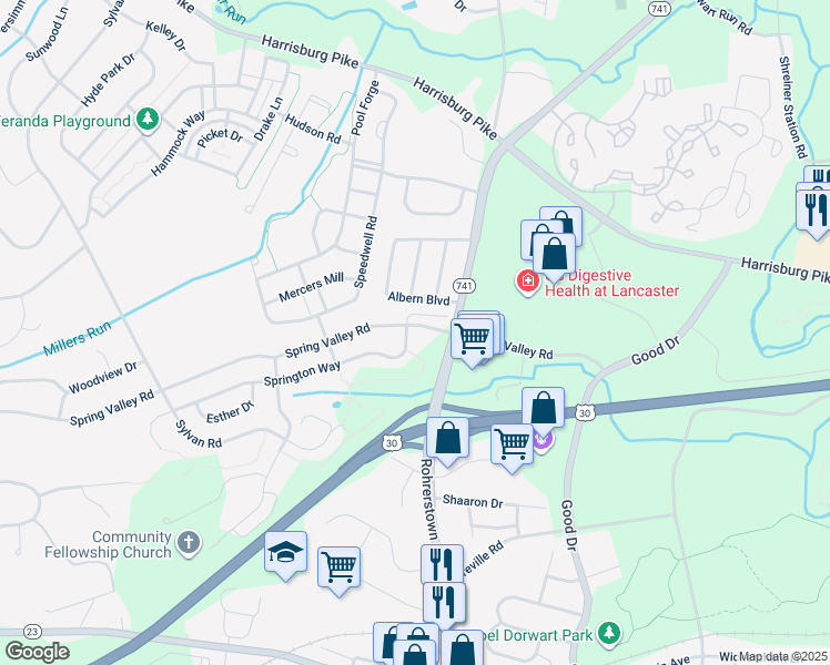 map of restaurants, bars, coffee shops, grocery stores, and more near 310 Springton Way in Lancaster