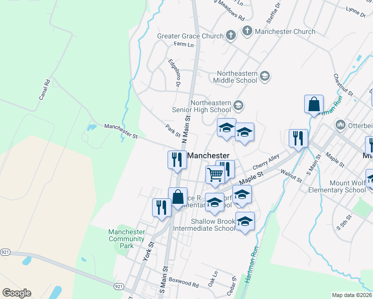 map of restaurants, bars, coffee shops, grocery stores, and more near 201 Pennsylvania 181 in Manchester