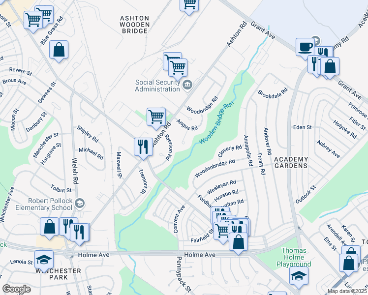 map of restaurants, bars, coffee shops, grocery stores, and more near 9238 Angus Place in Philadelphia
