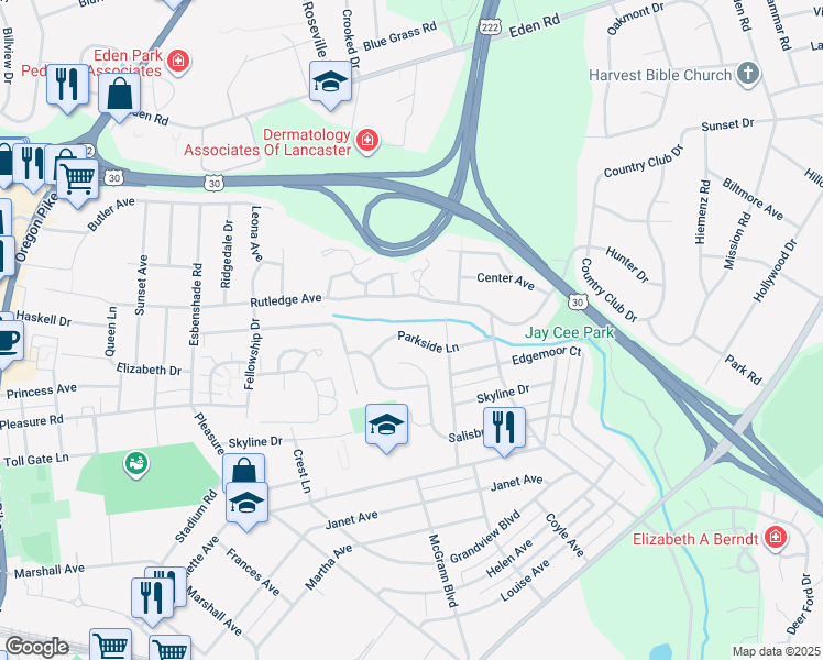 map of restaurants, bars, coffee shops, grocery stores, and more near 875 Parkside Lane in Lancaster