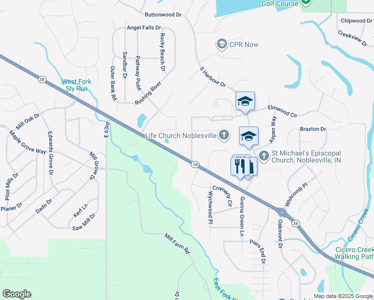 map of restaurants, bars, coffee shops, grocery stores, and more near 107 North Pasadena Road in Noblesville