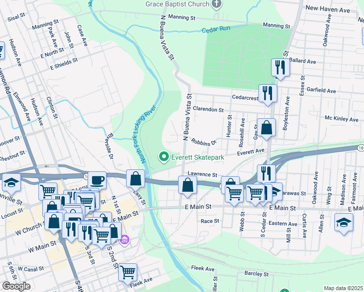 map of restaurants, bars, coffee shops, grocery stores, and more near 133 North Buena Vista Street in Newark