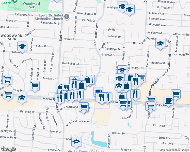 map of restaurants, bars, coffee shops, grocery stores, and more near 4701 Tamarack Boulevard in Columbus