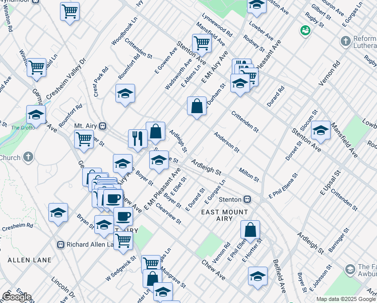 map of restaurants, bars, coffee shops, grocery stores, and more near 401 East Mount Pleasant Avenue in Philadelphia
