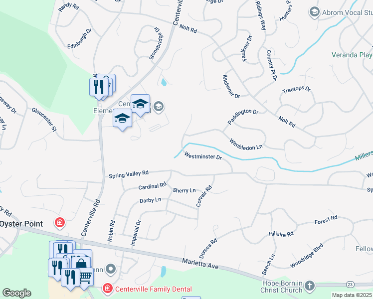 map of restaurants, bars, coffee shops, grocery stores, and more near 845 Westminster Drive in Lancaster