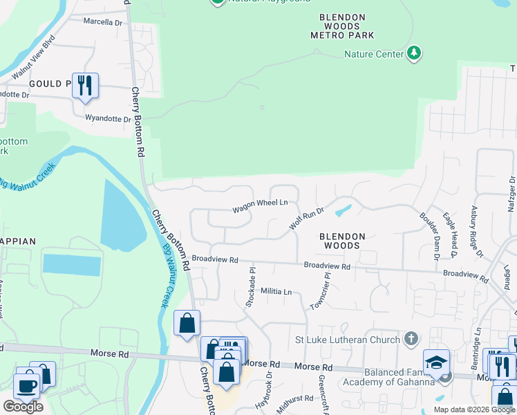 map of restaurants, bars, coffee shops, grocery stores, and more near 5213 Wagon Wheel Lane in Gahanna