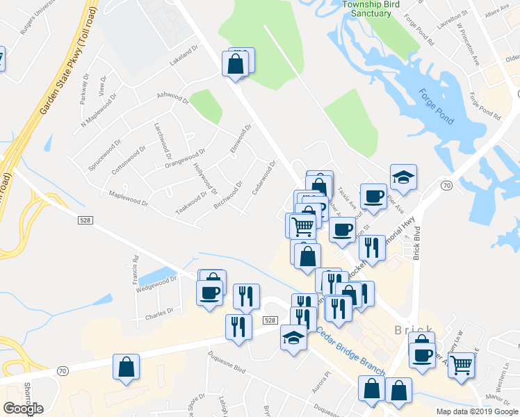 map of restaurants, bars, coffee shops, grocery stores, and more near 101 Spirit Way in Brick Township