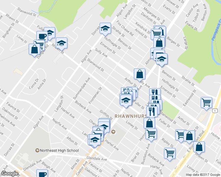 map of restaurants, bars, coffee shops, grocery stores, and more near 1827 Rhawn St in Philadelphia