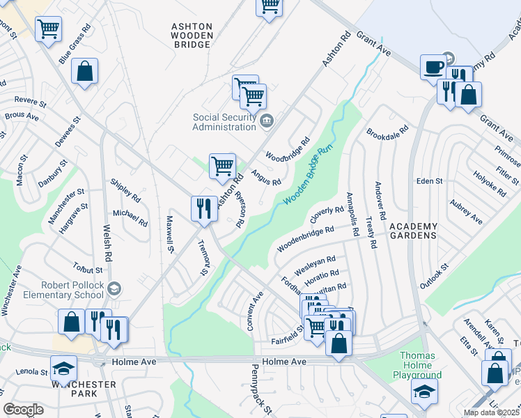map of restaurants, bars, coffee shops, grocery stores, and more near 9238 Angus Place in Philadelphia