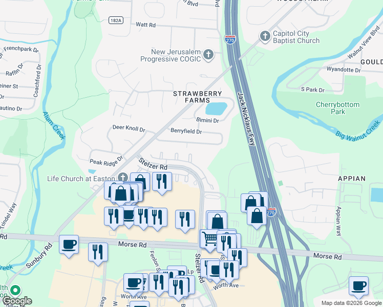 map of restaurants, bars, coffee shops, grocery stores, and more near 2 Clock Court in Columbus