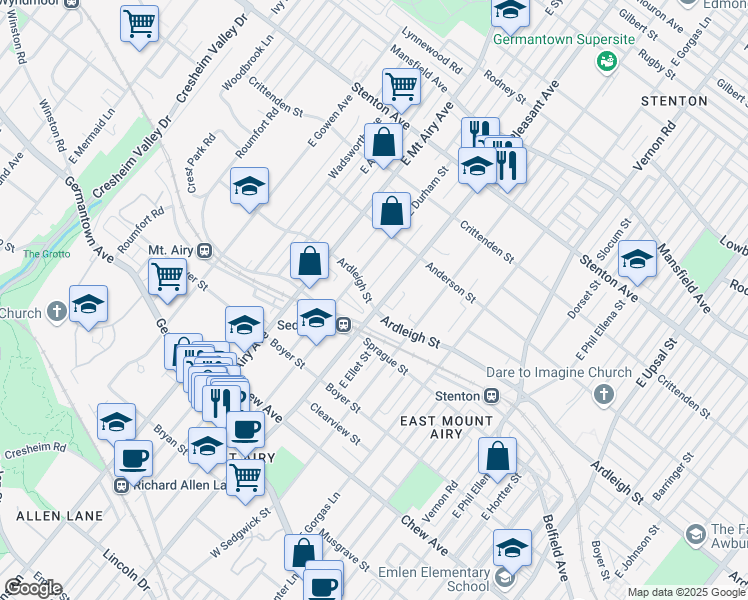 map of restaurants, bars, coffee shops, grocery stores, and more near 401 East Mount Pleasant Avenue in Philadelphia