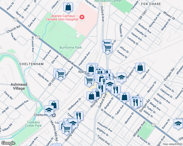 map of restaurants, bars, coffee shops, grocery stores, and more near 7324 Rockwell Avenue in Philadelphia