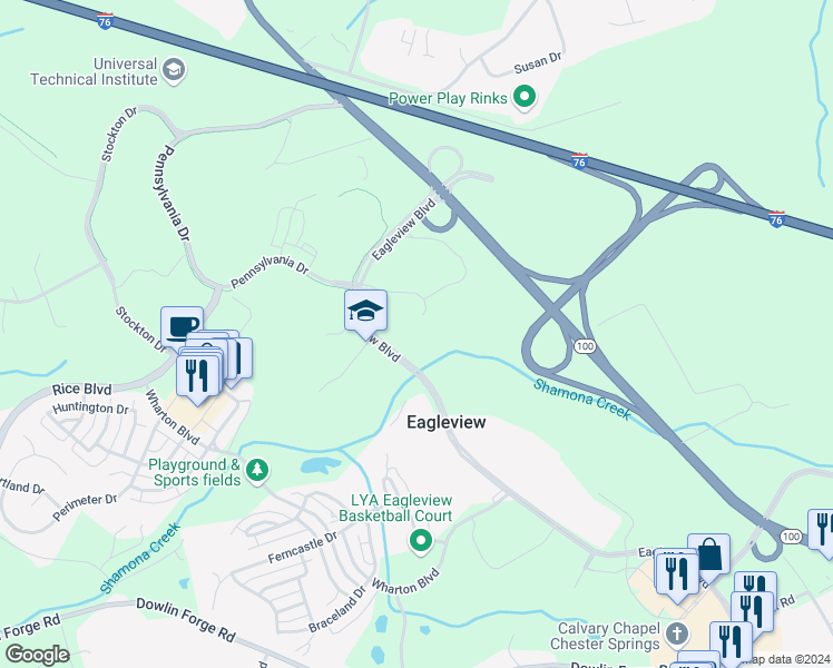 map of restaurants, bars, coffee shops, grocery stores, and more near 505 Eagleview Boulevard in Exton