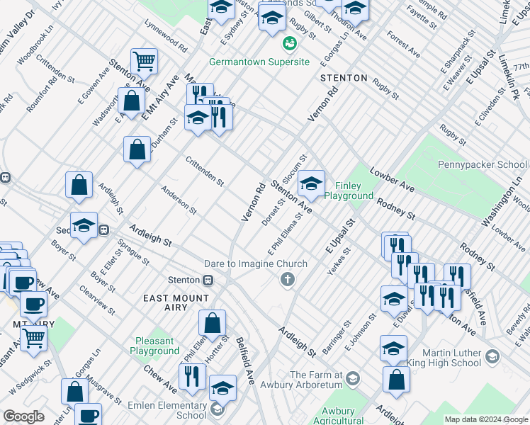 map of restaurants, bars, coffee shops, grocery stores, and more near 6775 Crittenden Street in Philadelphia