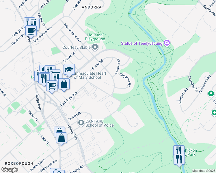 map of restaurants, bars, coffee shops, grocery stores, and more near 8504 Chippewa Road in Philadelphia