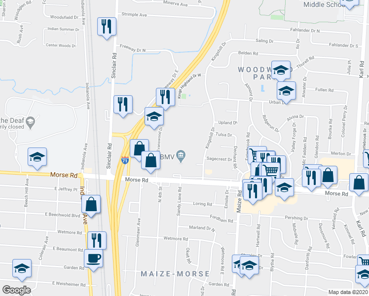 map of restaurants, bars, coffee shops, grocery stores, and more near 4799 Hillking Drive in Columbus