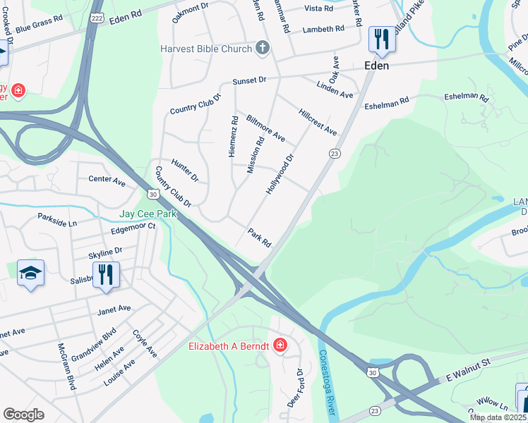 map of restaurants, bars, coffee shops, grocery stores, and more near 1434 Hollywood Drive in Lancaster