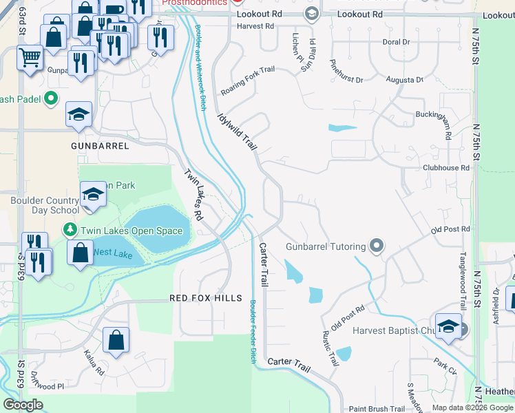 map of restaurants, bars, coffee shops, grocery stores, and more near 4893 Country Club Way in Boulder