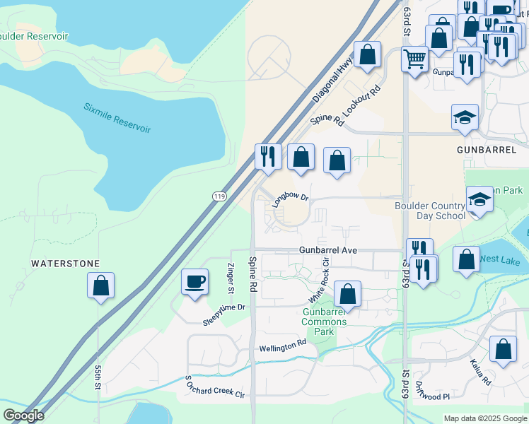 map of restaurants, bars, coffee shops, grocery stores, and more near 4775 Spine Road in Boulder
