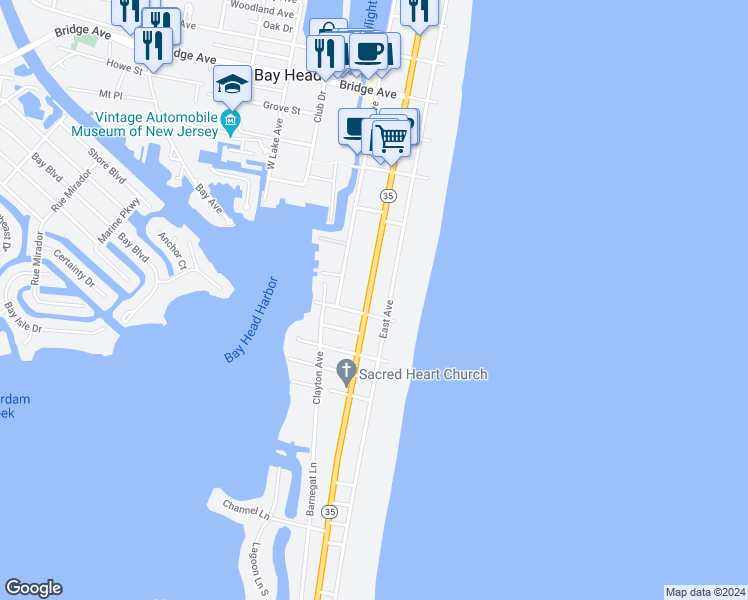 map of restaurants, bars, coffee shops, grocery stores, and more near 680 East Avenue in Bay Head