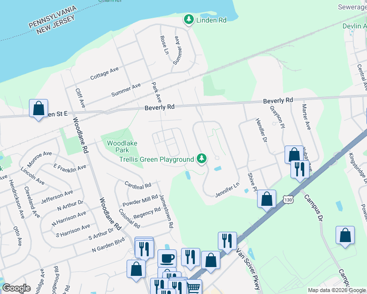 map of restaurants, bars, coffee shops, grocery stores, and more near 55 Riverwalk Boulevard in Burlington Township