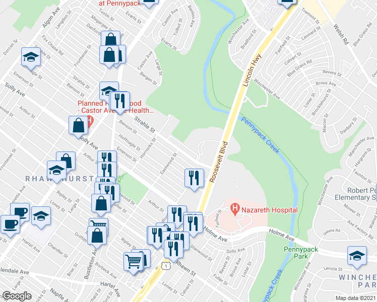 map of restaurants, bars, coffee shops, grocery stores, and more near 2265 Strahle Street in Philadelphia