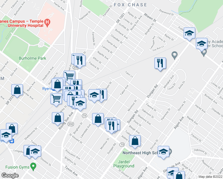 map of restaurants, bars, coffee shops, grocery stores, and more near 7521 Lawndale Avenue in Philadelphia