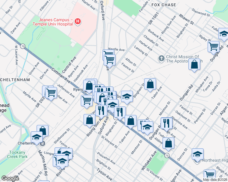 map of restaurants, bars, coffee shops, grocery stores, and more near 7404 Rising Sun Avenue in Philadelphia