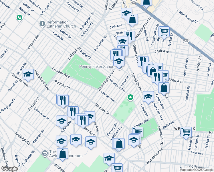 map of restaurants, bars, coffee shops, grocery stores, and more near 1759 East Mayland Street in Philadelphia