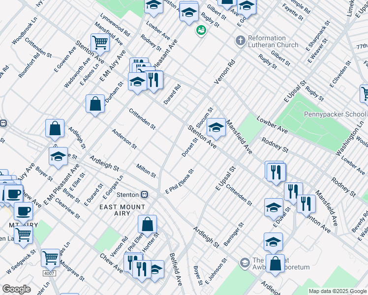 map of restaurants, bars, coffee shops, grocery stores, and more near 6775 Crittenden Street in Philadelphia