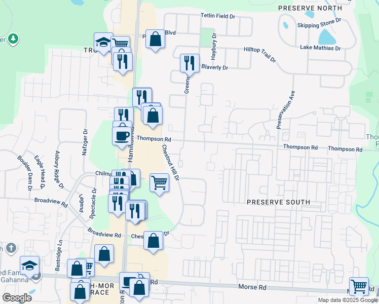 map of restaurants, bars, coffee shops, grocery stores, and more near 4135 Thompson Road in Columbus
