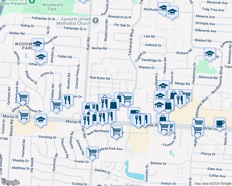 map of restaurants, bars, coffee shops, grocery stores, and more near 4711 Stoneway Drive in Columbus