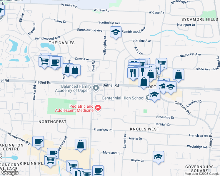 map of restaurants, bars, coffee shops, grocery stores, and more near 1674 Saint James Court in Columbus
