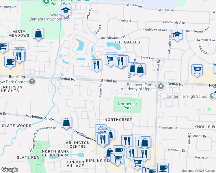 map of restaurants, bars, coffee shops, grocery stores, and more near 2121 Bethel Road in Columbus