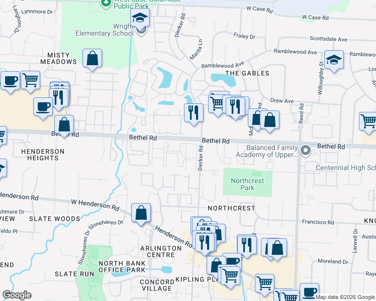 map of restaurants, bars, coffee shops, grocery stores, and more near 2188 Hedgerow Road in Columbus