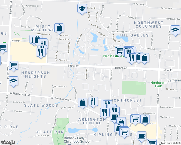 map of restaurants, bars, coffee shops, grocery stores, and more near 2279 Hedgerow Road in Columbus
