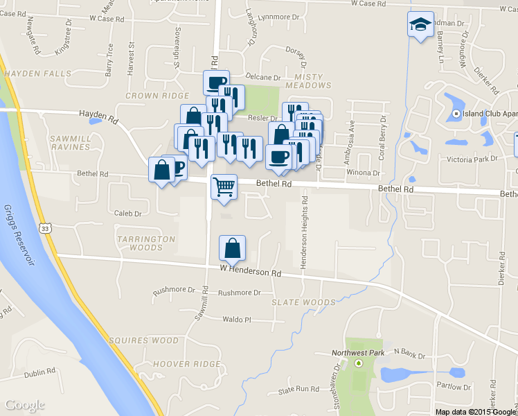 map of restaurants, bars, coffee shops, grocery stores, and more near 5322 Darlington Road in Columbus