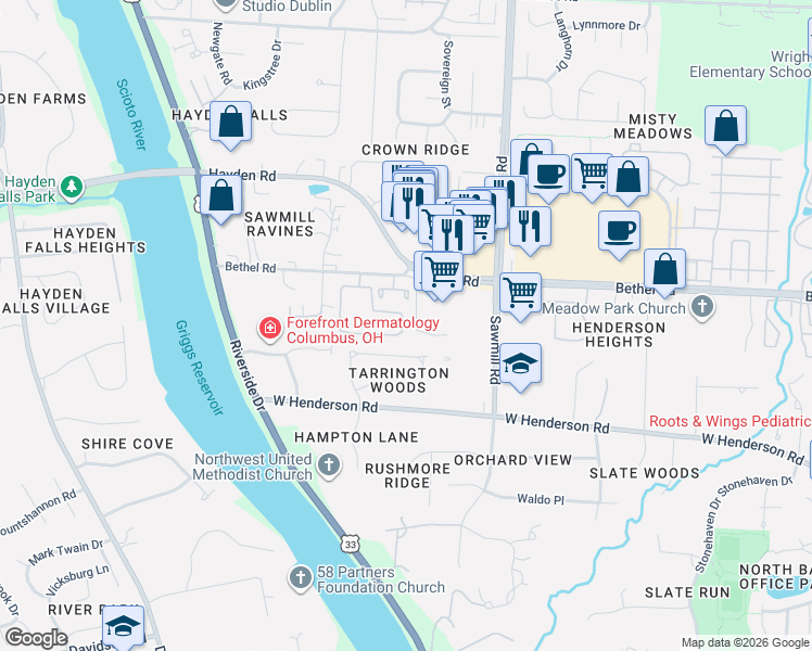 map of restaurants, bars, coffee shops, grocery stores, and more near 5302 Shiloh Drive in Columbus