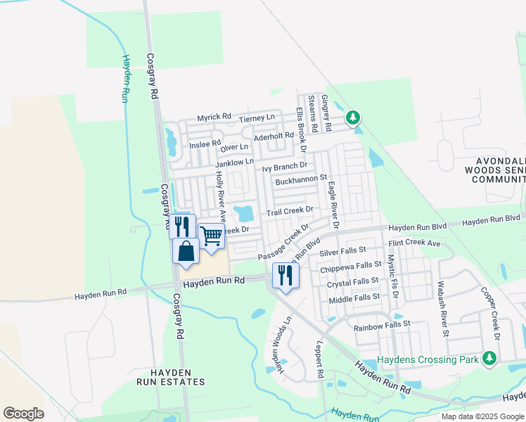 map of restaurants, bars, coffee shops, grocery stores, and more near 5847 Trail Creek Drive in Dublin