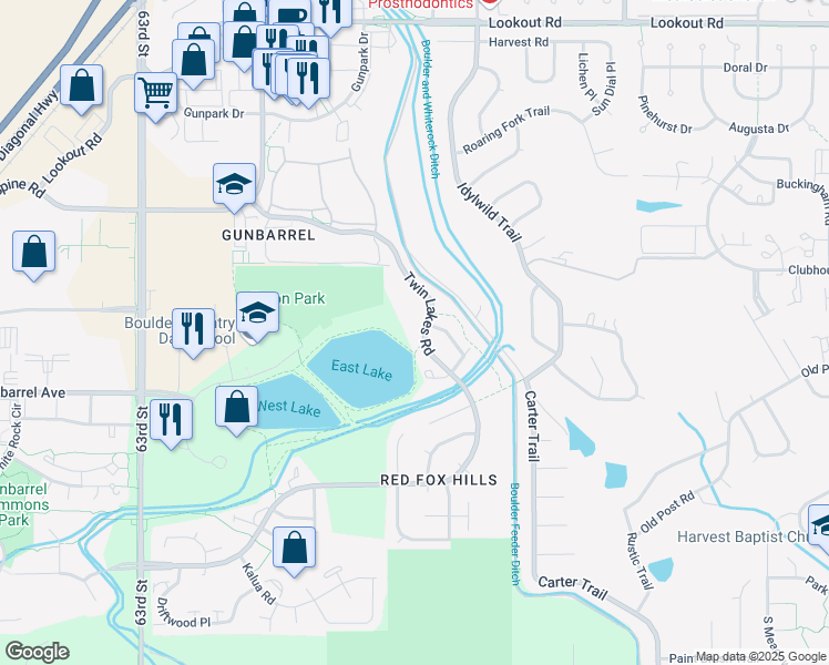 map of restaurants, bars, coffee shops, grocery stores, and more near 4895 Twin Lakes Road in Boulder
