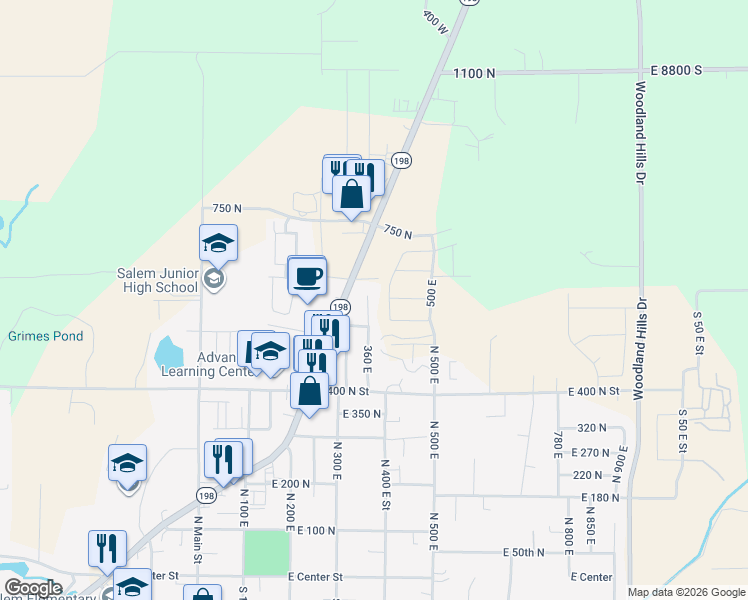 map of restaurants, bars, coffee shops, grocery stores, and more near 596 North 360 East in Salem