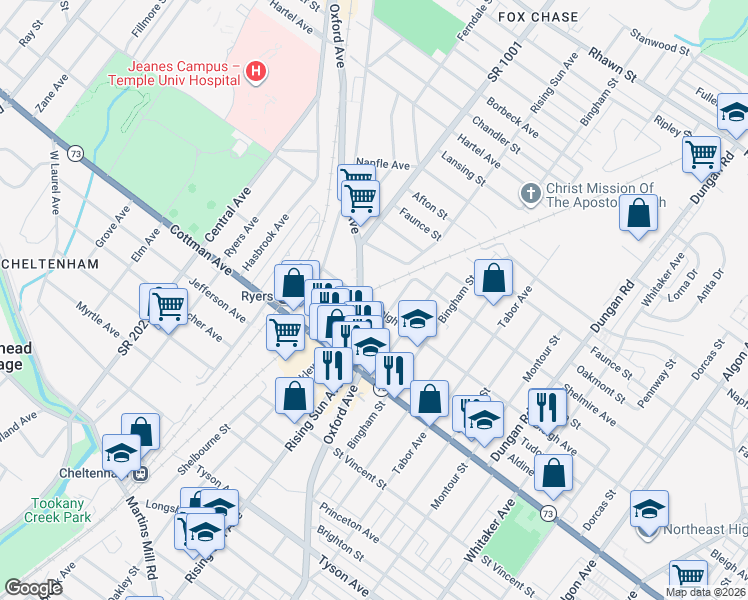 map of restaurants, bars, coffee shops, grocery stores, and more near 7404 Rising Sun Avenue in Philadelphia