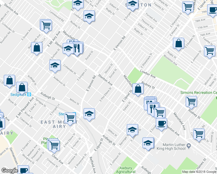 map of restaurants, bars, coffee shops, grocery stores, and more near 835 East Phil Ellena Street in Philadelphia