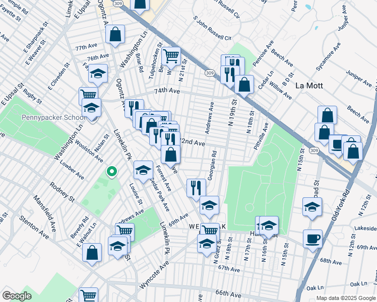 map of restaurants, bars, coffee shops, grocery stores, and more near 7166 North Uber Street in Philadelphia