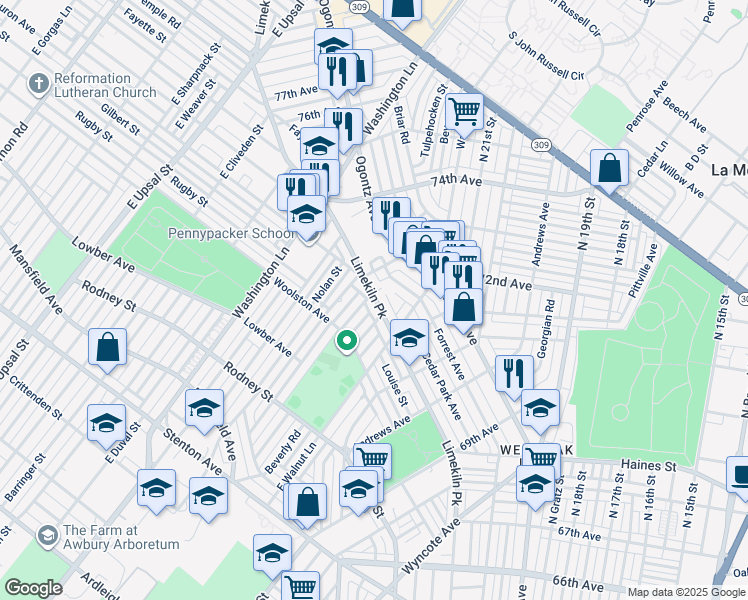 map of restaurants, bars, coffee shops, grocery stores, and more near 7246 Limekiln Pike in Philadelphia